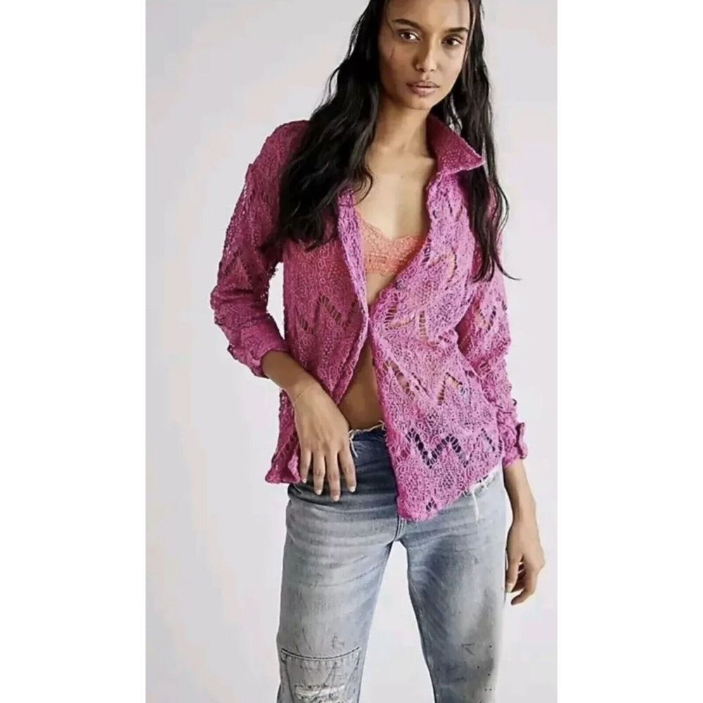 Free People Until Sundown Shirt Cover-Up Pink Crochet Size XS MSRP $108